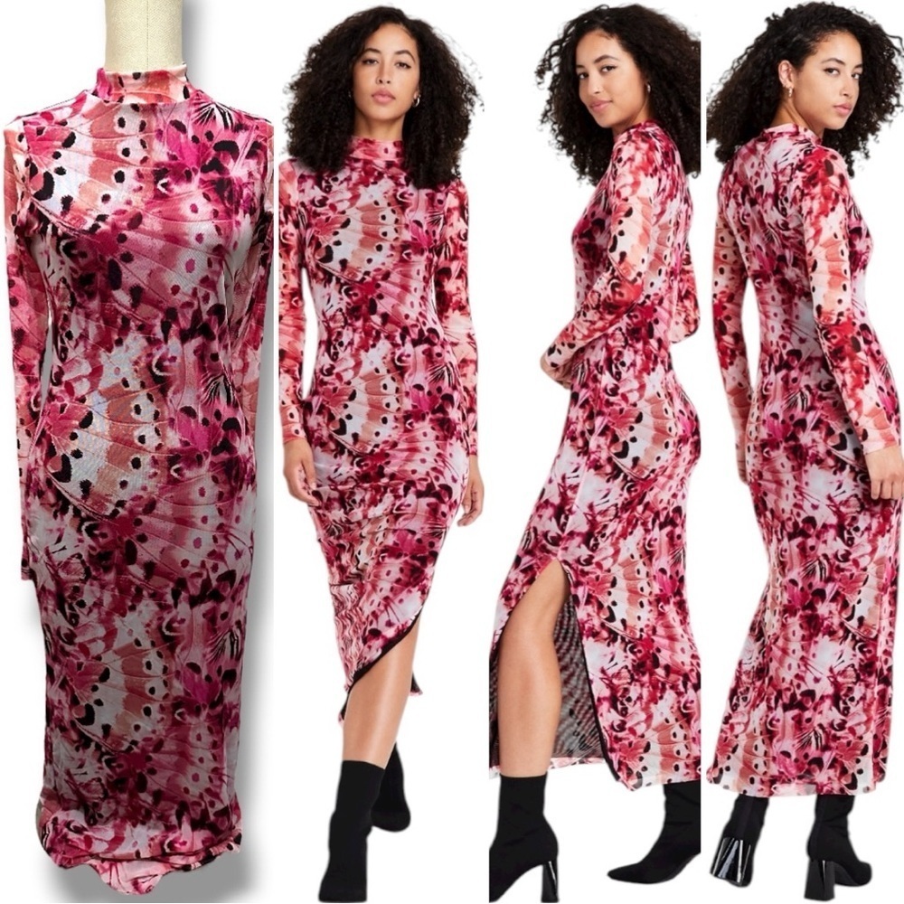 416 Bar III | NWOT Pink Butterfly Abstract Mesh Long Sleeve Maxi Dress (Sz XS-S)